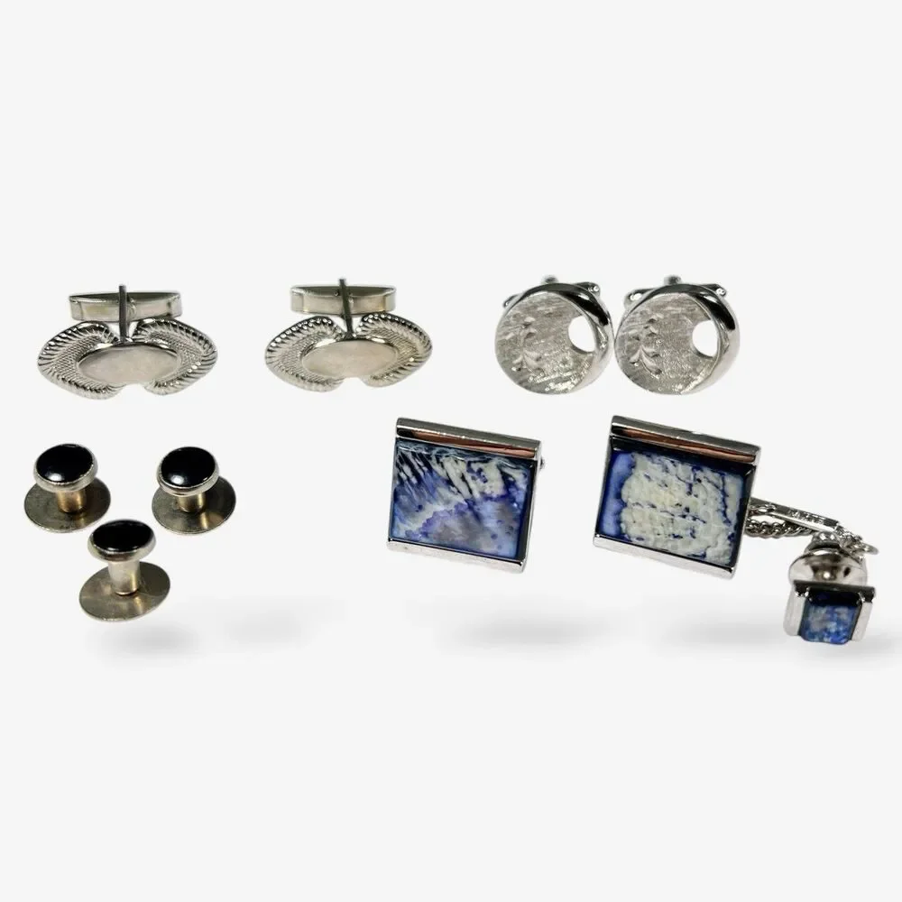 Vintage Silver Tone Mens Cufflinks Tie Tack Tuxedo Shirt Studs Jewelry Lot 7pc